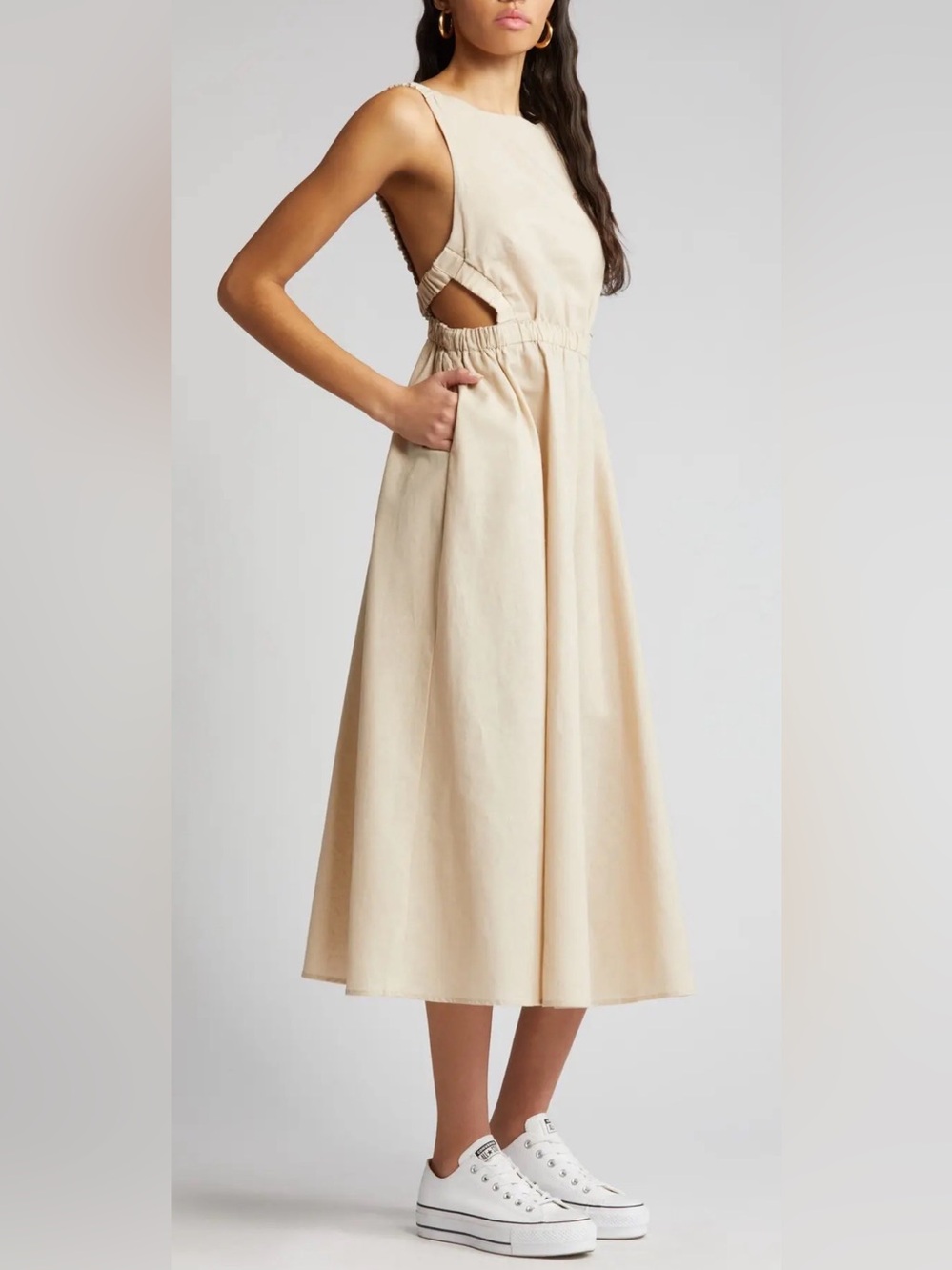 Treasure & Bond Open Back Linen Cotton Apron Midi Dress Medium Tan